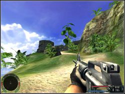Załatw przeciwnika stojącego niedaleko wejścia i idź w stronę kolejnych schodów - Misja 03 - Fort w Far Cry - Far Cry - poradnik do gry