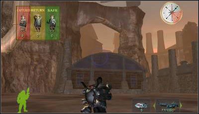 Przebiegnij pod bramą a następnie skieruj się w lewo (konkretnie do widocznych na screenie skał) - Misja 11 | Armed & Dangerous - Armed & Dangerous - poradnik do gry