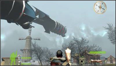 Obróć się w lewo i możliwie jak najszybciej zniszcz pozostałe dwa sterowce, które znalazły się nad wioską - Misja 18 | Armed & Dangerous - Armed & Dangerous - poradnik do gry