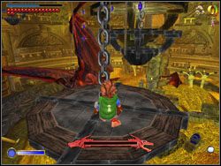 Następnie po łańcuchu przedostań się na drugi, po czym wskocz na kolejny, aż w końcu wespnij się na długi łańcuch zwieszający się spod sufitu - 09 - Inside Information | The Hobbit - The Hobbit - poradnik do gry