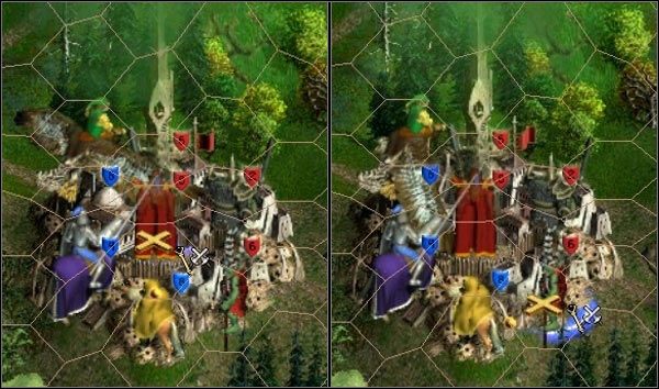 Na lewym obrazku 8-mio osobowy oddział prowadzony przez bohatera (żółty koleś na kucyku z niebieską 8-ką) zacznie oblężenie, w którym wezmą udział wszystkie widoczne armie, a czerwone orki będą chronione murem obronnym - Walka - Suplement | Walka w Age of Wonders II Tron Czarnoksiężnika - Age of Wonders II: Tron Czarnoksiężnika - poradnik do gry