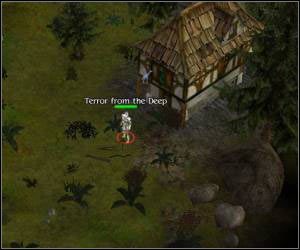 Po kilku chwilach powinieneś zauważyć ducha, stoi przy domku na północnym-wschodzie (Terror From The Deep) - 5.4 [ROZDZIAŁ 1] Liannon cz.3 | SpellForce Zakon Świtu - SpellForce: Zakon Świtu - poradnik do gry