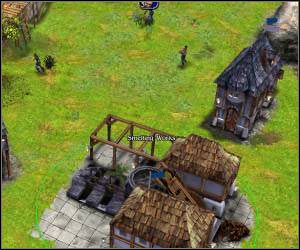 Gdy tylko będziesz miał taką możliwość zacznij stawiać pierwsze budynki (przyzwij dodatkowych chłopów): chatkę drwala, małe i średnie centrum dowodzenia (small/medium HQ), kamieniołom, hutę (smelting works) oraz kopalnię - 5.6 [ROZDZIAŁ 1] Leafshade cz.1 | SpellForce Zakon Świtu - SpellForce: Zakon Świtu - poradnik do gry
