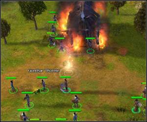 Elfi robotnicy powinni zacząć stawiać wieżyczki obronne w dwóch miejscach: na północ od monumentu ludzi (wąski przesmyk) oraz na płd-wach (tam gdzie znajduje się część armii) - 5.7 [ROZDZIAŁ 1] The Shiel cz.4 | SpellForce Zakon Świtu - SpellForce: Zakon Świtu - poradnik do gry