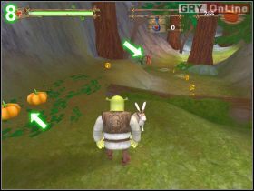 Biegnij przed dopiero co otwarte wrota, aż dojdziesz do dwóch ognistych roślinek (obrazek [7] , lewa dolna i prawa strzałka) - [POZIOM 06] Shrek Rescues Donkey cz.1 | Shrek 2 The Game - Shrek 2: The Game - poradnik do gry