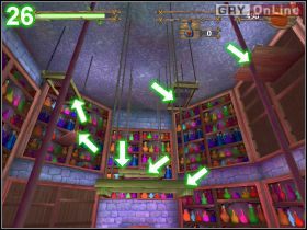 Jeśli byś spadł, skacząc po kolejnych platformach, to strzałki na obrazku [25] pokazują drogę, przez skrzynki i platformę do miejsca, w którym obecnie stoisz - [POZIOM 07] Steal The Potion cz.3 | Shrek 2 The Game - Shrek 2: The Game - poradnik do gry