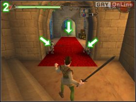 Pokonaj dwóch rycerzy pokazanych strzałkami na obrazku [1] - [POZIOM 16] The Final Battle cz.1 | Shrek 2 The Game - Shrek 2: The Game - poradnik do gry
