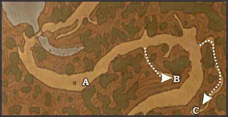 Rysunek 3. W punkcie A spotkasz posłańców z listem do Orleanu. Punkty B i C wskazują położenie łuczników wroga. - [Misja 1] The Arrival cz.2 | Joanna dArc - Joanna dArc - poradnik do gry
