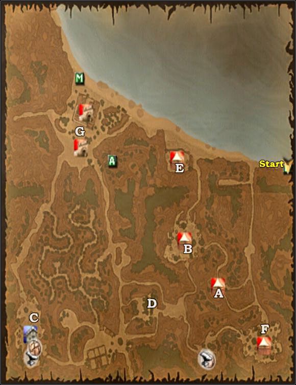 Rysunek 10. Mapa z zaznaczonymi kluczowymi punktami. Najlepiej atakować je w kolejności od A do G. - [Misja 4] Victory in Tourelles cz.1 | Joanna dArc - Joanna dArc - poradnik do gry