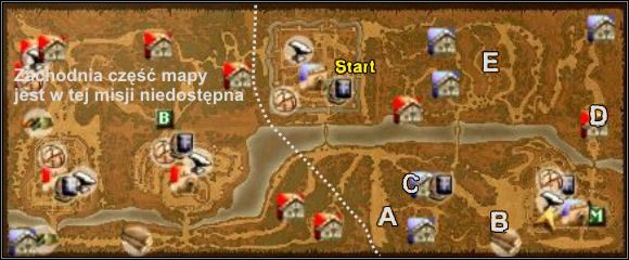 Rysunek 14. Misja rozgrywa się na wschodniej części mapy. W punktach A, B - oczekują na ciebie generałowie z artylerią, natomiast w C, D, E - Anglicy przetrzymują uwięzionych generałów francuskich. - [Misja 5] Cleaning Up The Loire | Joanna dArc - Joanna dArc - poradnik do gry