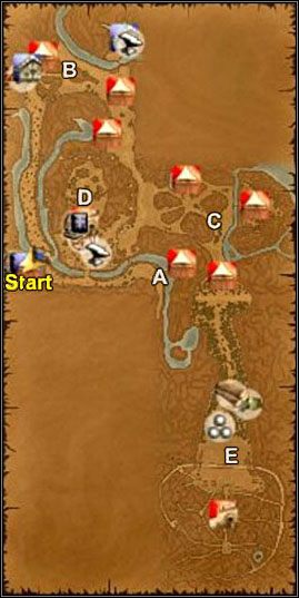 Rysunek 16. Mapa misji z zaznaczonymi wioskami i skupiskami obozów (A, B, C), warownią najemników (D) i zamkiem (E). - [Misja 7] Impasse cz.1 | Joanna dArc - Joanna dArc - poradnik do gry