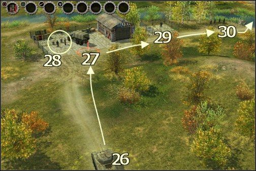 Wchodzimy do czołgu [26] i podjeżdżamy nim do wyznaczonego punktu [27] - aby włączyć tryb bezpośredniej kontroli wciskamy klawisz End, co pozwoli na sterowanie maszyną za pomocą klawiatury i myszki - Trening 3 - Szkolenie czołgisty - Soldiers: Ludzie Honoru - poradnik do gry