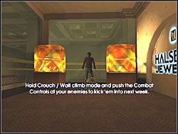 Przebiegnij kawałek w prawo i załatw stojącego nieopodal przeciwnika - przytrzymaj [SHIFT] i naciśnij jeden z klawiszy służących do zadawania ciosów [2], [4], [6] lub [8] - Jewelry Store (1) | Scena 1 | Catwoman - Catwoman - poradnik do gry