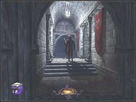 Na końcu korytarza znajdziesz fontannę z magiczną wodą (jeśli się z niej napijesz, zostaniesz uzdrowiony) oraz dwie wody święcone na półce obok - Dzień szósty [Opis 5] | Miasto - Thief: Deadly Shadows - poradnik do gry