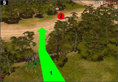 Znów wybierz piechotę, przejdź nią przez rzekę i skręć w lewo, za las, a potem na drogę - jak pokazuje to strzałka [1] - [Niemcy] Misja 1 [Opis 3] w Codename Panzers - Faza Pierwsza - Codename: Panzers - Faza Pierwsza - poradnik do gry