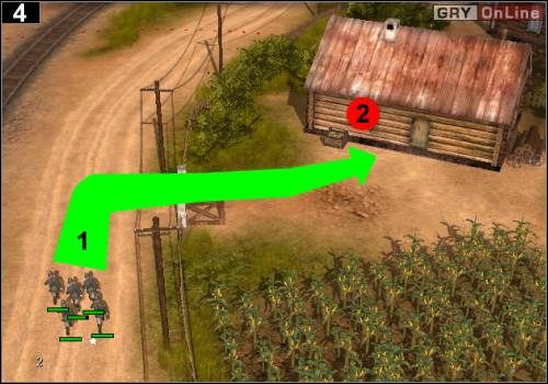 Biegnij pięcioosobowym oddziałem piechurów wzdłuż torów, aż zaczniesz być ostrzeliwany przez przeciwników ukrytych w domu - przez okno w [2] - [Niemcy] Misja 2 [Opis 2] w Codename Panzers - Faza Pierwsza - Codename: Panzers - Faza Pierwsza - poradnik do gry