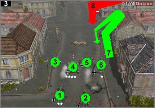 Ustaw działa w [1] i [2], natomiast przed nimi czołgi, w [3], [4], [5] i [6] - [Niemcy] Misja 3 [Opis 1] w Codename Panzers - Faza Pierwsza - Codename: Panzers - Faza Pierwsza - poradnik do gry