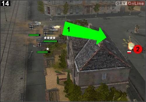 Jedź tak jak pokazuje to strzałka [1] - [Niemcy] Misja 3 [Opis 5] w Codename Panzers - Faza Pierwsza - Codename: Panzers - Faza Pierwsza - poradnik do gry