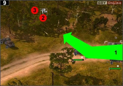 Jadąc dalej - jak pokazuje to strzałka [1] - dotrzesz do kolejnych przeciwników - [Niemcy] Misja 4 [Opis 3] w Codename Panzers - Faza Pierwsza - Codename: Panzers - Faza Pierwsza - poradnik do gry
