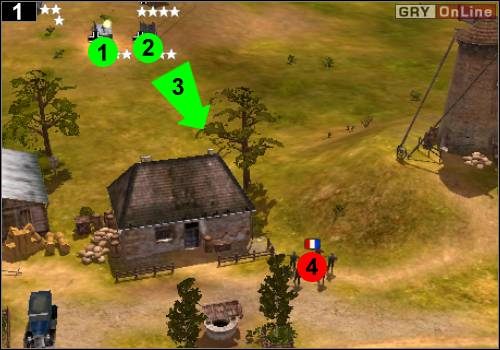 Postaw działa (Bisony I) w [1] i [2], natomiast medykami w [3] odkryj teren tak, jak pokazuje to strzałka - [Niemcy] Misja 5 [Opis 1] w Codename Panzers - Faza Pierwsza - Codename: Panzers - Faza Pierwsza - poradnik do gry