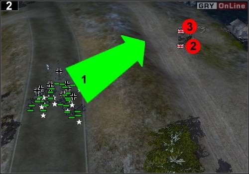 Biegnij wszystkimi do działa pokazanego na obrazku (strzałka [1]) - [Niemcy] Misja 6 [Opis 1] w Codename Panzers - Faza Pierwsza - Codename: Panzers - Faza Pierwsza - poradnik do gry