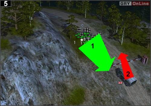 Ulecz rannych, wybierz wszystkich i zbiegnij na dół, jak pokazuje to strzałka [1] - [Niemcy] Misja 6 [Opis 2] w Codename Panzers - Faza Pierwsza - Codename: Panzers - Faza Pierwsza - poradnik do gry