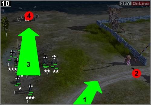 Wybierz snajperów i czołgaj się nimi, jak pokazuje strzałka [1] - [Niemcy] Misja 6 [Opis 4] w Codename Panzers - Faza Pierwsza - Codename: Panzers - Faza Pierwsza - poradnik do gry