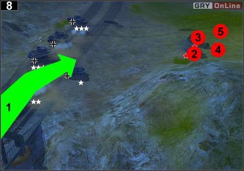Przejedź czołgami i ciężarówkami naprawczymi przez most (jak pokazuje to strzałka [1]) i zaatakuj przeciwników po prawej - [2], [3], [4] i [5] - [Niemcy] Misja 7 [Opis 3] w Codename Panzers - Faza Pierwsza - Codename: Panzers - Faza Pierwsza - poradnik do gry