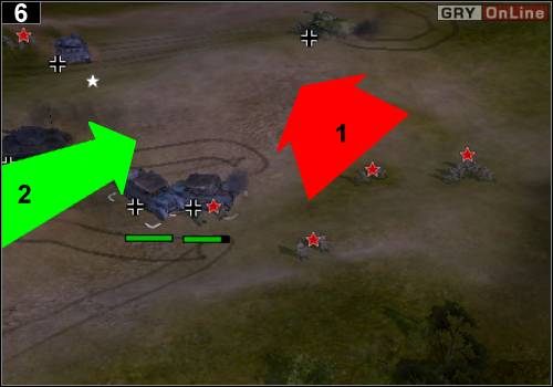 Gdy tylko rozprawisz się z piechotą po jednej stronie, będziesz musiał przemieścić się w drugą - żołnierze będą biec tak, jak pokazuje to strzałka [1] - [Niemcy] Misja 8 [Opis 2] w Codename Panzers - Faza Pierwsza - Codename: Panzers - Faza Pierwsza - poradnik do gry