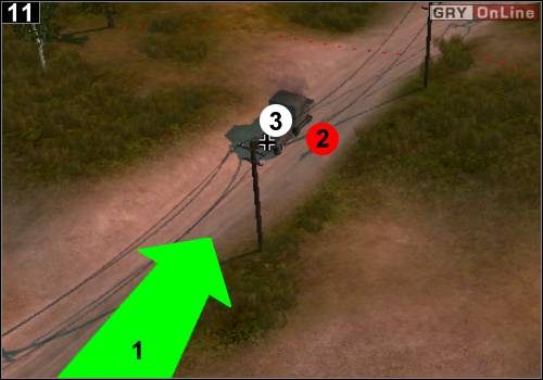 Biegnij nimi wzdłuż drogi, jak pokazuje to strzałka [1] - [Niemcy] Misja 8 [Opis 4] w Codename Panzers - Faza Pierwsza - Codename: Panzers - Faza Pierwsza - poradnik do gry
