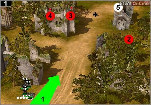 Zacznij się czołgać w stronę pokazaną przez strzałkę [1] - [Niemcy] Misja 9 [Opis 1] w Codename Panzers - Faza Pierwsza - Codename: Panzers - Faza Pierwsza - poradnik do gry