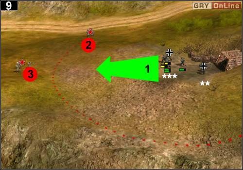 Upewnij się, że wszystkimi żołnierzami przedostałeś się na drugą stronę i biegnij przed siebie (strzałka [1]), strzelając do przeciwników - [Niemcy] Misja 9 [Opis 3] w Codename Panzers - Faza Pierwsza - Codename: Panzers - Faza Pierwsza - poradnik do gry