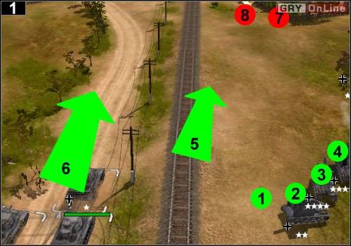 Gdy cztery działa będą ustawione w [1], [2], [3] i [4], wyjdź Hansem z czołgu, którym kieruje i biegnij przed siebie, by odkryć teren (strzałka [5]) - [Niemcy] Misja 10 [Opis 1] w Codename Panzers - Faza Pierwsza - Codename: Panzers - Faza Pierwsza - poradnik do gry