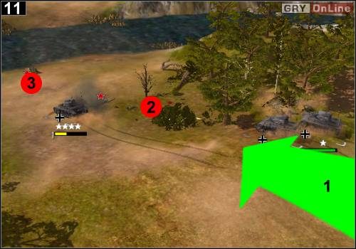 Na końcu wystarczy już tylko jechać działami i czołgami w dół, do rzeki - jak pokazuje to strzałka [1] - [Niemcy] Misja 10 [Opis 4] w Codename Panzers - Faza Pierwsza - Codename: Panzers - Faza Pierwsza - poradnik do gry