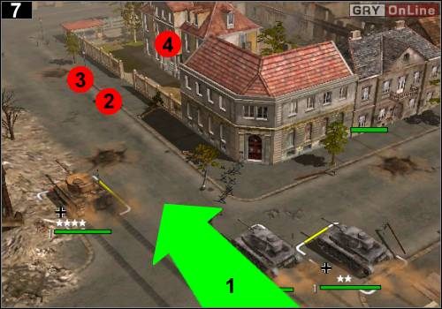 Jedź dalej, jak pokazuje to strzałka [1], przed ładny budynek pokazany na obrazku - [Niemcy] Misja 11 [Opis 3] w Codename Panzers - Faza Pierwsza - Codename: Panzers - Faza Pierwsza - poradnik do gry