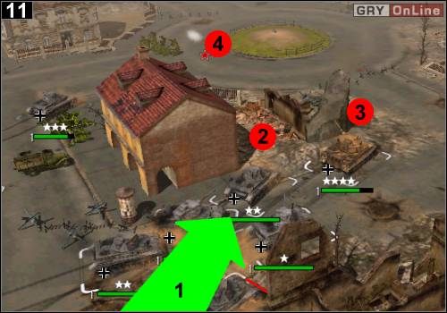 Jedź samymi czołgami w stronę ronda, jak wskazuje to strzałka [1] - zniszcz czołg w [2], zabij piechotę w [3], a później rozpraw się z działem w [4] - [Niemcy] Misja 11 [Opis 4] w Codename Panzers - Faza Pierwsza - Codename: Panzers - Faza Pierwsza - poradnik do gry