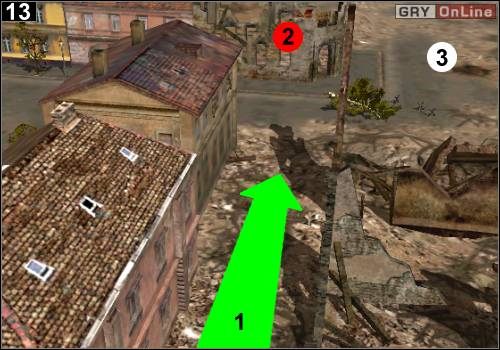 Wjedź jednym działem w przesmyk pomiędzy budynkami (strzałka [1]) i z daleka rozwal budynek w [2] (na obrazku jest on już zniszczony) - [Niemcy] Misja 11 [Opis 5] w Codename Panzers - Faza Pierwsza - Codename: Panzers - Faza Pierwsza - poradnik do gry
