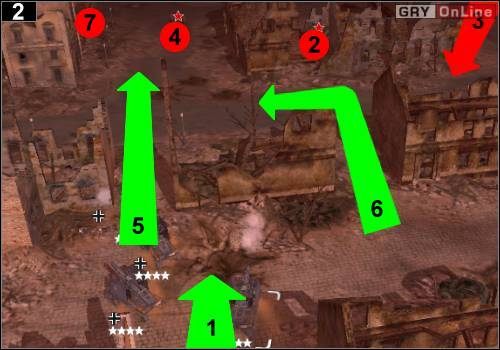 Wjedź po kolei działami do ruin, jak pokazuje to strzałka [1] - [Niemcy] Misja 12 [Opis 1] w Codename Panzers - Faza Pierwsza - Codename: Panzers - Faza Pierwsza - poradnik do gry