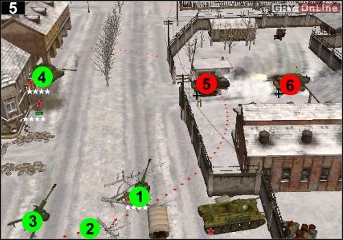 Gdy już wszystkie jednostki będą na miejscu, postaw działa w [1], [2] i [3], natomiast najsilniejszy swój czołg w [4] - [Rosja] Misja 5 [Opis 2] w Codename Panzers - Faza Pierwsza - Codename: Panzers - Faza Pierwsza - poradnik do gry