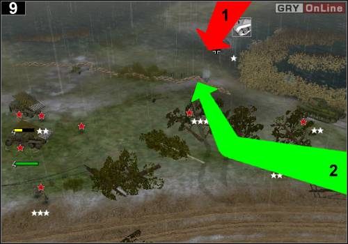 Przesuń teraz grupę czołgów i wyrzutni rakiet w lewo, jak pokazuje to strzałka [2] - [Rosja] Misja 6 [Opis 3] w Codename Panzers - Faza Pierwsza - Codename: Panzers - Faza Pierwsza - poradnik do gry