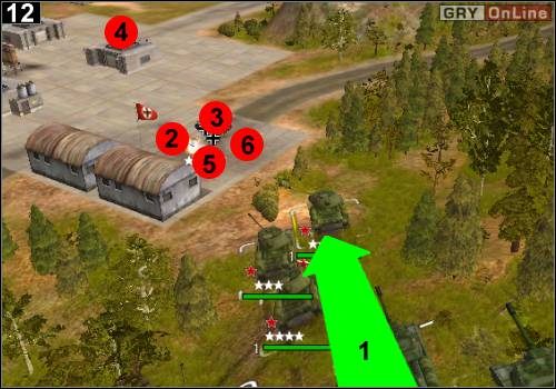 Zjedź czołgami i działami na dół, jak pokazuje to strzałka [1] - [Rosja] Misja 7 [Opis 4] w Codename Panzers - Faza Pierwsza - Codename: Panzers - Faza Pierwsza - poradnik do gry