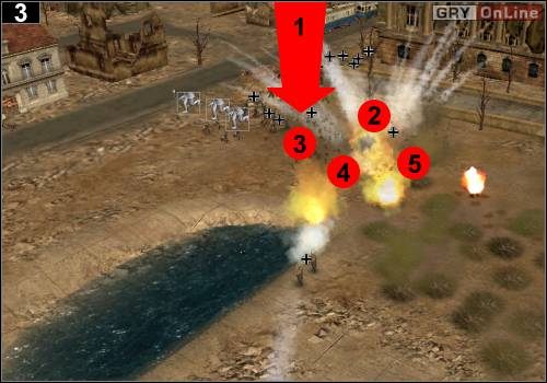 Teraz z lewej nastąpi atak, jak pokazuje to strzałka [1] - [Rosja] Misja 9 [Opis 1] w Codename Panzers - Faza Pierwsza - Codename: Panzers - Faza Pierwsza - poradnik do gry