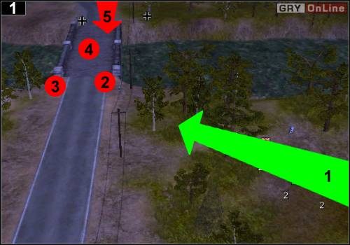Biegnij wszystkimi tak, jak pokazuje to strzałka [1] - [Alianci] Misja 1 [Opis 1] w Codename Panzers - Faza Pierwsza - Codename: Panzers - Faza Pierwsza - poradnik do gry