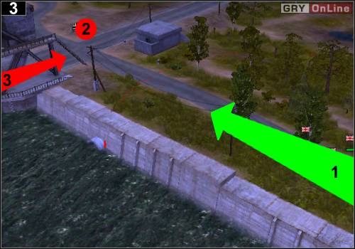 Teraz pobiegnij do drugiej rzeki i idź wzdłuż niej tak, jak pokazuje to strzałka [1] - [Alianci] Misja 1 [Opis 1] w Codename Panzers - Faza Pierwsza - Codename: Panzers - Faza Pierwsza - poradnik do gry