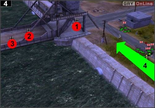 Jak widzisz na powyższym obrazku, przeciwnik usadowi się w różnych miejscach i będzie do ciebie strzelał ([1], [2], [3]) - [Alianci] Misja 1 [Opis 2] w Codename Panzers - Faza Pierwsza - Codename: Panzers - Faza Pierwsza - poradnik do gry