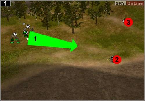 Biegnij tak, jak pokazuje to strzałka [1], zaatakuj parę żołnierzy w [2], a potem zabij samotnego w [3] - [Alianci] Misja 2 [Opis 1] w Codename Panzers - Faza Pierwsza - Codename: Panzers - Faza Pierwsza - poradnik do gry