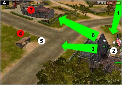 Gdy tylko dobiegniesz bohaterem i żołnierzami (strzałka [1]) do składu w [2] i się uleczysz, wykonasz jednocześnie dwie operacje - [Alianci] Misja 2 [Opis 2] w Codename Panzers - Faza Pierwsza - Codename: Panzers - Faza Pierwsza - poradnik do gry