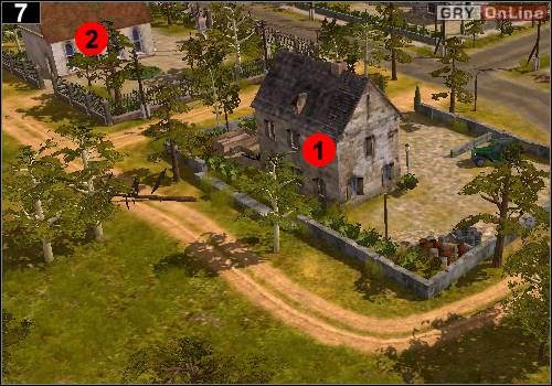 W widocznych powyżej budynkach - [1] i [2] - ukrywają się żołnierze przeciwnika - [Alianci] Misja 3 [Opis 3] w Codename Panzers - Faza Pierwsza - Codename: Panzers - Faza Pierwsza - poradnik do gry