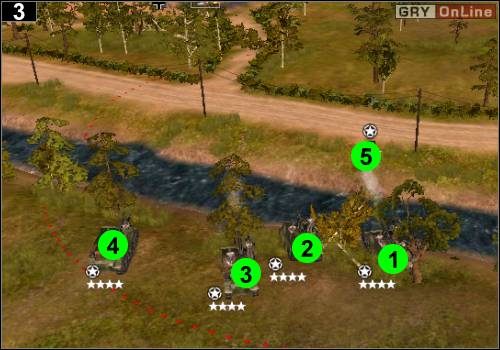 Jedź działami w lewo, postaw je w [1], [2], [3], [4], natomiast Jefferyem też biegnij w lewo, ale po drugiej stronie rzeki - ustaw go w [5] - [Alianci] Misja 4 [Opis 1] w Codename Panzers - Faza Pierwsza - Codename: Panzers - Faza Pierwsza - poradnik do gry