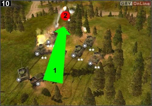 Jedź czołgami na wzgórze, jak pokazuje to strzałka [1] - [Alianci] Misja 5 [Opis 4] w Codename Panzers - Faza Pierwsza - Codename: Panzers - Faza Pierwsza - poradnik do gry